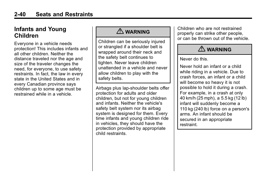 Infants and young children, Infants and young, Children -40 | Buick 2010 Lacrosse User Manual | Page 68 / 420