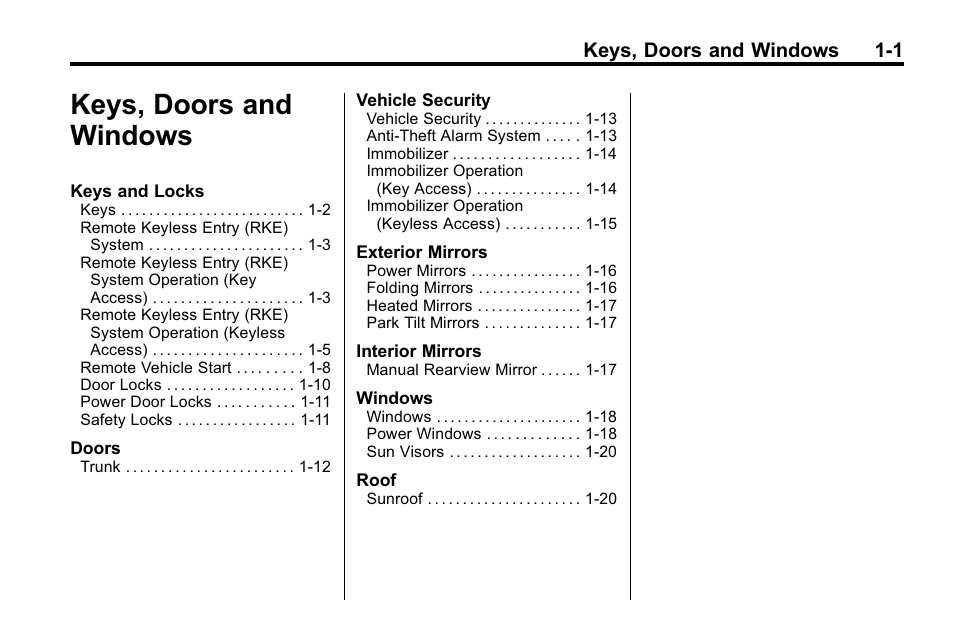 Keys, doors and windows, Keys, doors and windows -1, Keys, doors and windows 1-1 | Buick 2010 Lacrosse User Manual | Page 7 / 420