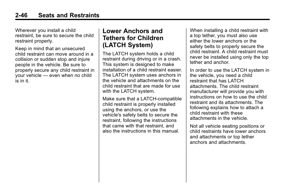 Lower anchors and tethers, For children (latch system) -46 | Buick 2010 Lacrosse User Manual | Page 74 / 420