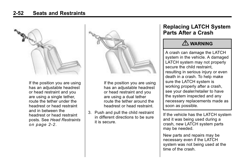 Replacing latch system parts after a crash, Replacing latch system, Parts after a crash -52 | Buick 2010 Lacrosse User Manual | Page 80 / 420