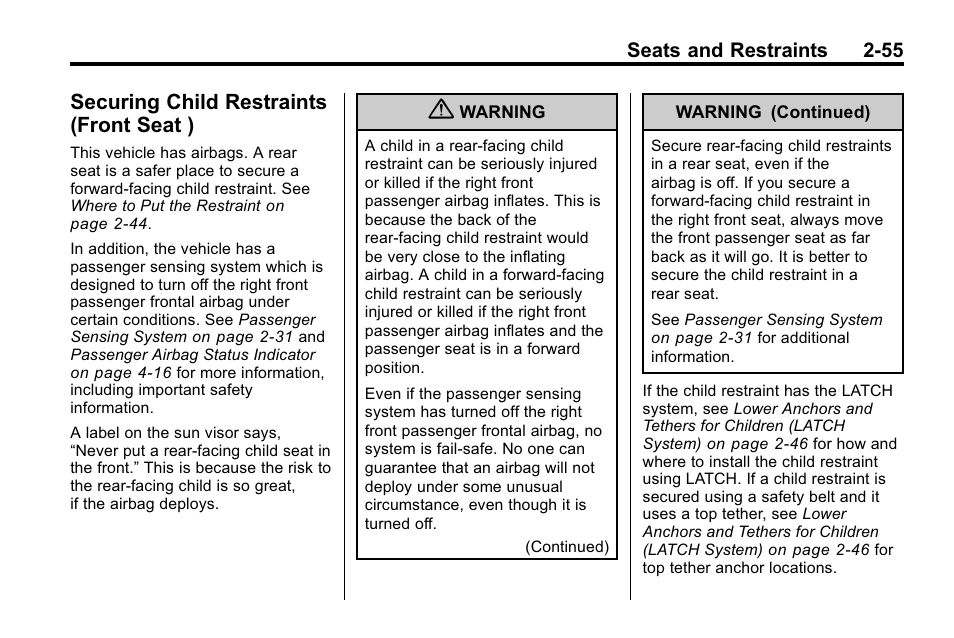 Securing child restraints (front seat ), Securing child restraints, Front seat ) -55 | Buick 2010 Lacrosse User Manual | Page 83 / 420