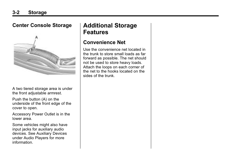 Center console storage, Additional storage features, Convenience net | Additional storage features -2, Audio | Buick 2010 Lacrosse User Manual | Page 88 / 420