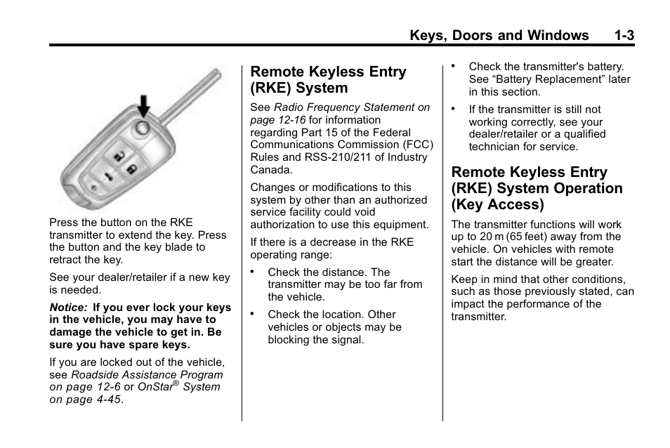 Remote keyless entry (rke) system, Remote keyless entry (rke), System -3 | System operation (key access) -3, Heated, Keys, doors and windows 1-3 | Buick 2010 Lacrosse User Manual | Page 9 / 420