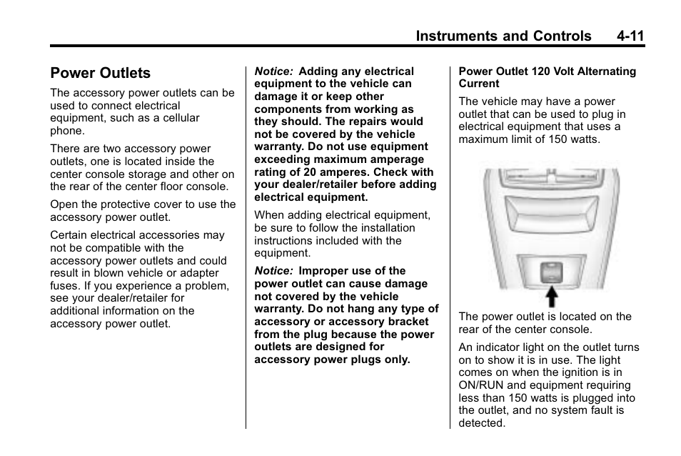 Power outlets, Power outlets -11, Instruments and controls 4-11 | Buick 2010 Lacrosse User Manual | Page 99 / 420