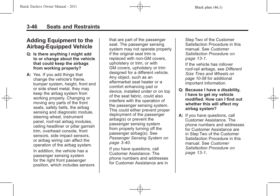 Adding equipment to the airbag-equipped vehicle, Equipment to the, Airbag-equipped vehicle -46 | Buick 2011 Enclave User Manual | Page 100 / 458