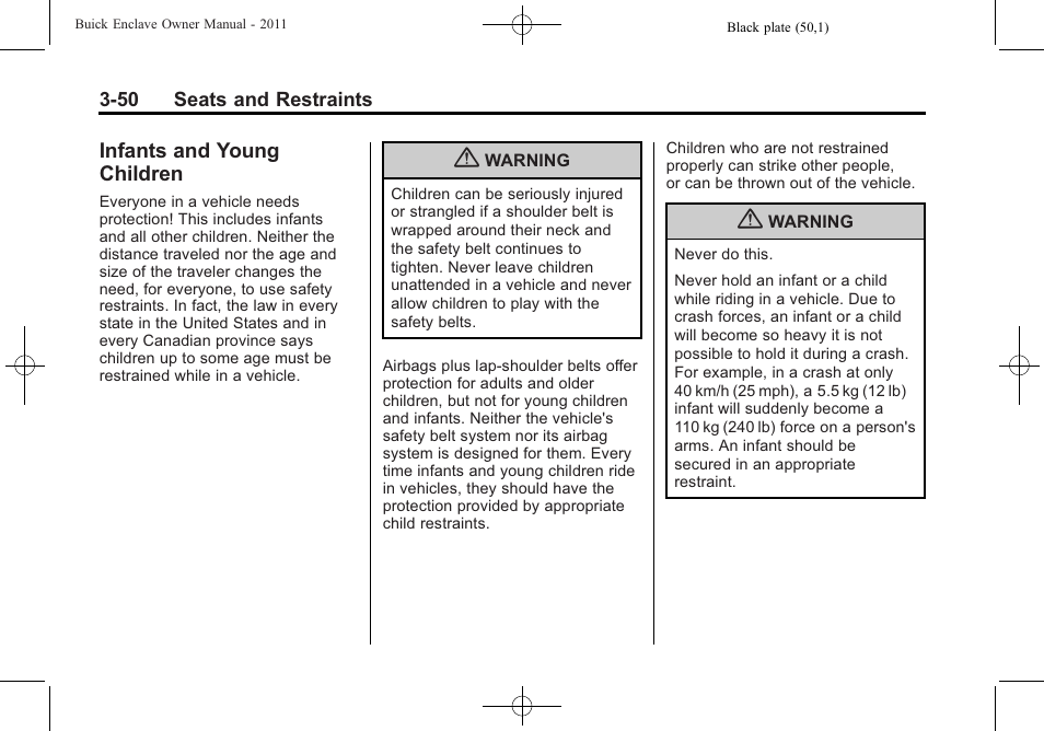 Infants and young children, Infants and young, Children -50 | Buick 2011 Enclave User Manual | Page 104 / 458