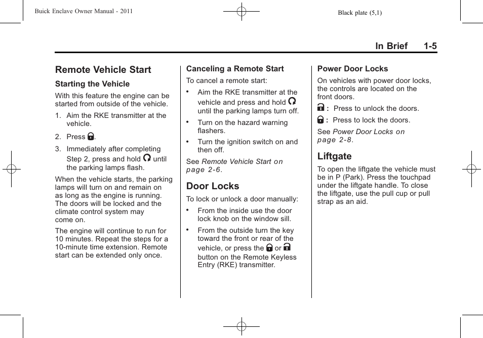 Remote vehicle start, Door locks, Liftgate | Remote vehicle start -5 door locks -5 liftgate -5, Vehicle | Buick 2011 Enclave User Manual | Page 11 / 458