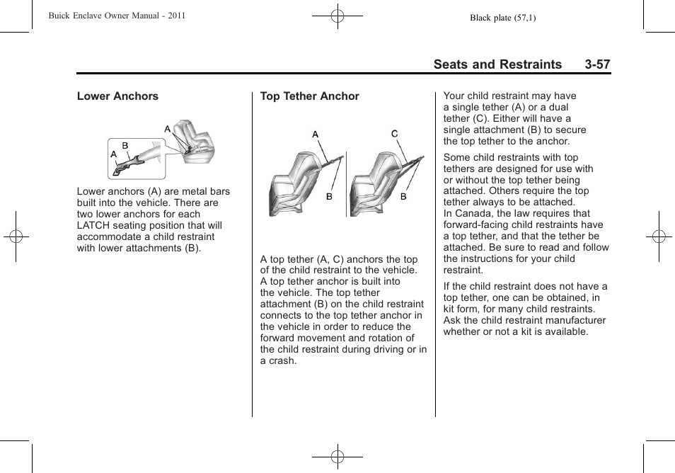 Seats and restraints 3-57 | Buick 2011 Enclave User Manual | Page 111 / 458