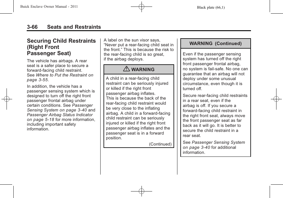 Securing child restraints, Right front passenger seat) -66 | Buick 2011 Enclave User Manual | Page 120 / 458