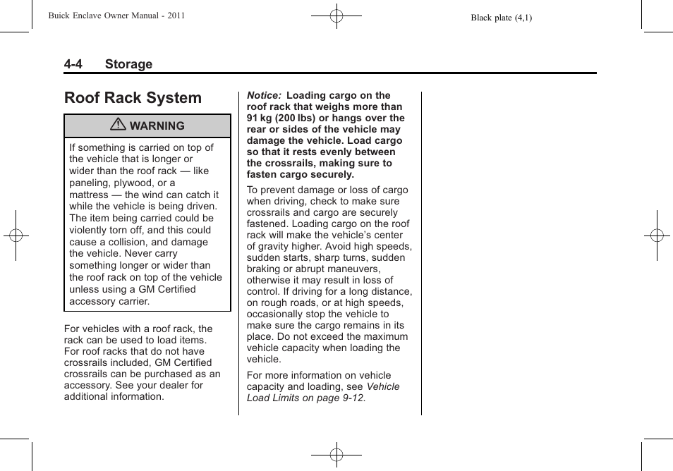 Roof rack system | Buick 2011 Enclave User Manual | Page 126 / 458