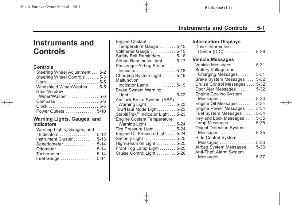 Instruments and controls, Instruments and controls 5-1 | Buick 2011 Enclave User Manual | Page 127 / 458