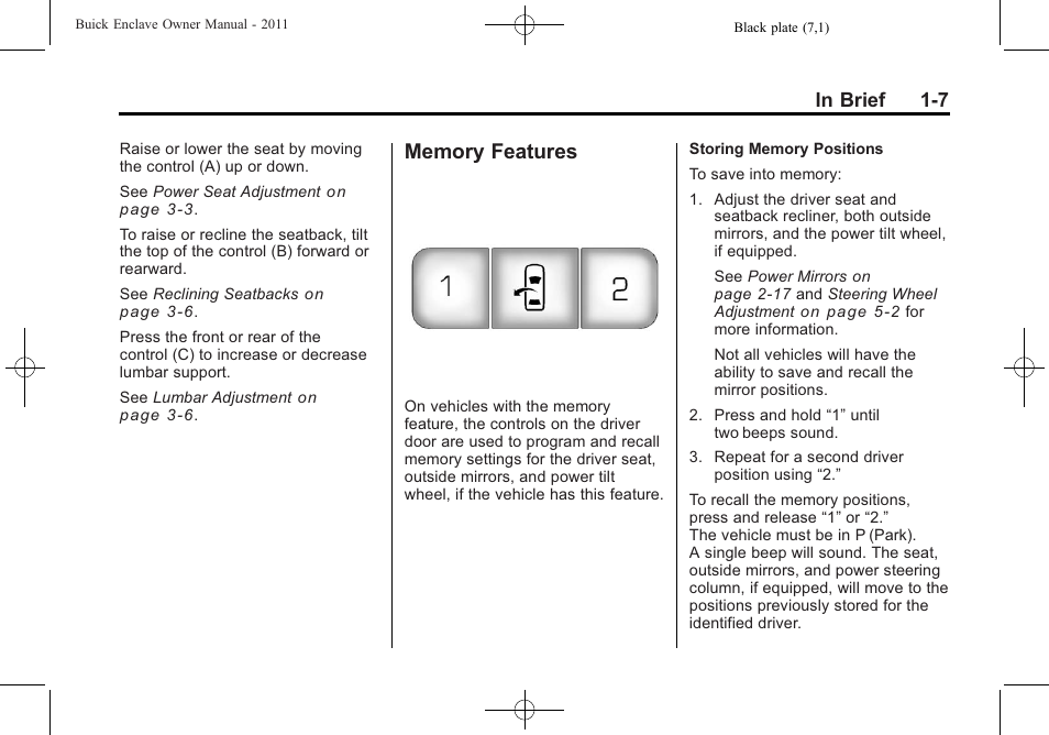 Memory features, Memory features -7 | Buick 2011 Enclave User Manual | Page 13 / 458