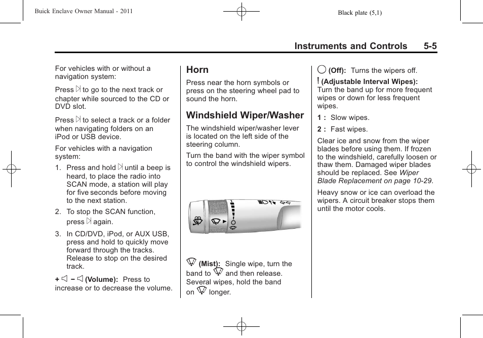 Horn, Windshield wiper/washer, Horn -5 windshield wiper/washer -5 | Buick 2011 Enclave User Manual | Page 131 / 458