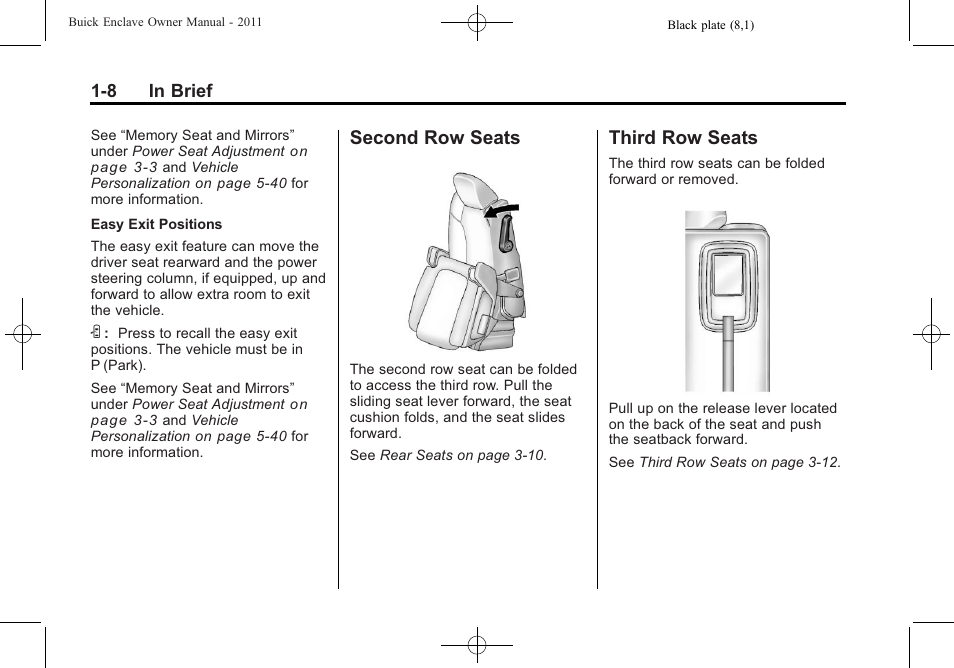 Second row seats, Third row seats, Second row seats -8 third row seats -8 | Buick 2011 Enclave User Manual | Page 14 / 458