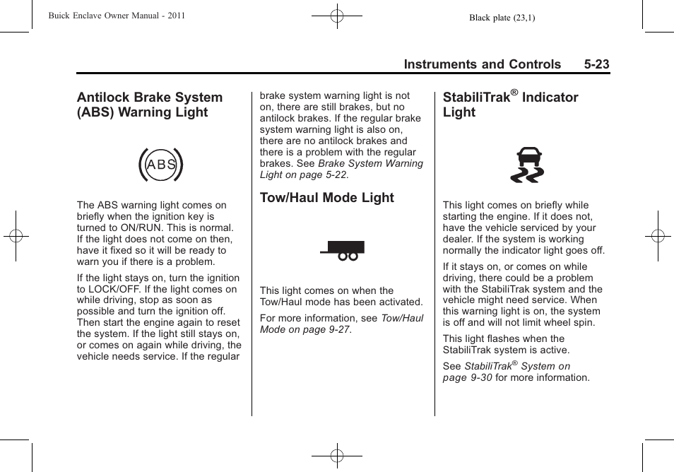 Antilock brake system (abs) warning light, Tow/haul mode light, Stabilitrak® indicator light | Antilock brake system (abs), Arning light -23, Tow/haul mode light -23 stabilitrak, Indicator light -23, Stabilitrak, Indicator light | Buick 2011 Enclave User Manual | Page 149 / 458