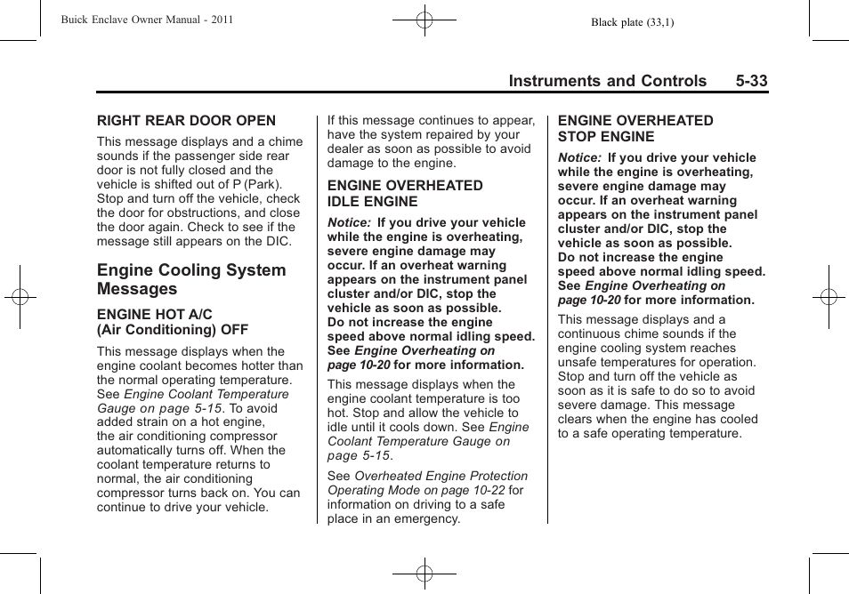 Engine cooling system messages, Engine cooling system, Messages -33 | Buick 2011 Enclave User Manual | Page 159 / 458