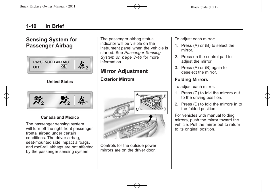 Sensing system for passenger airbag, Mirror adjustment, Sensing system for | Passenger airbag -10, Mirror adjustment -10, Tire | Buick 2011 Enclave User Manual | Page 16 / 458