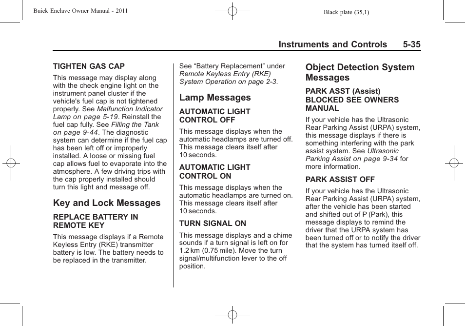 Key and lock messages, Lamp messages, Object detection system messages | Messages -35 | Buick 2011 Enclave User Manual | Page 161 / 458
