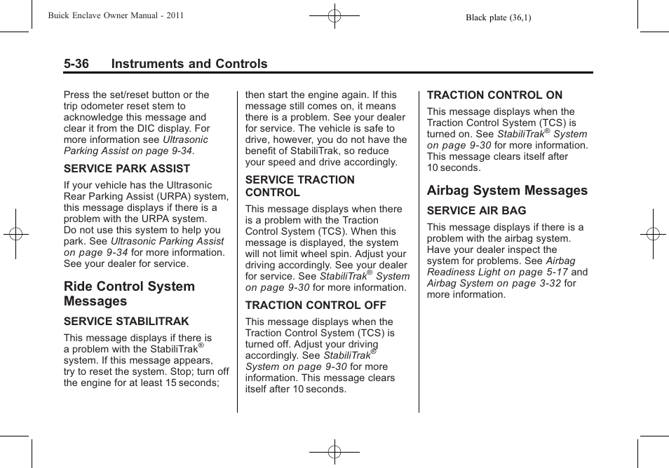 Ride control system messages, Airbag system messages, Ride control system | Messages -36, Airbag system messages -36, 36 instruments and controls | Buick 2011 Enclave User Manual | Page 162 / 458