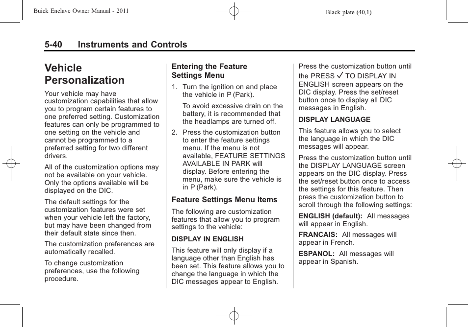 Vehicle personalization, Driving, Vehicle personalization -40 | Buick 2011 Enclave User Manual | Page 166 / 458