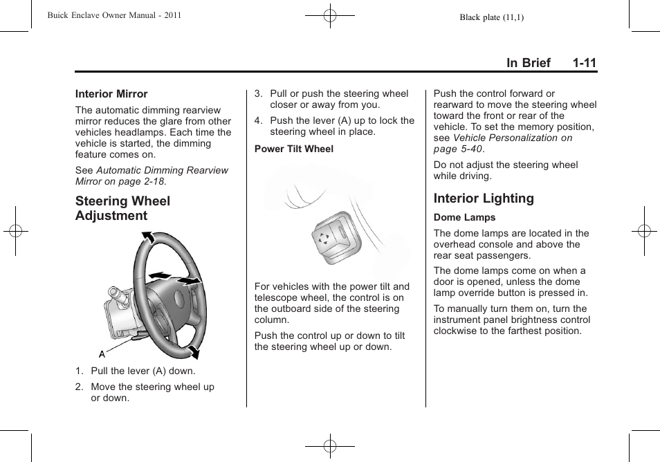 Steering wheel adjustment, Interior lighting, Steering wheel | Adjustment -11, Interior lighting -11 | Buick 2011 Enclave User Manual | Page 17 / 458