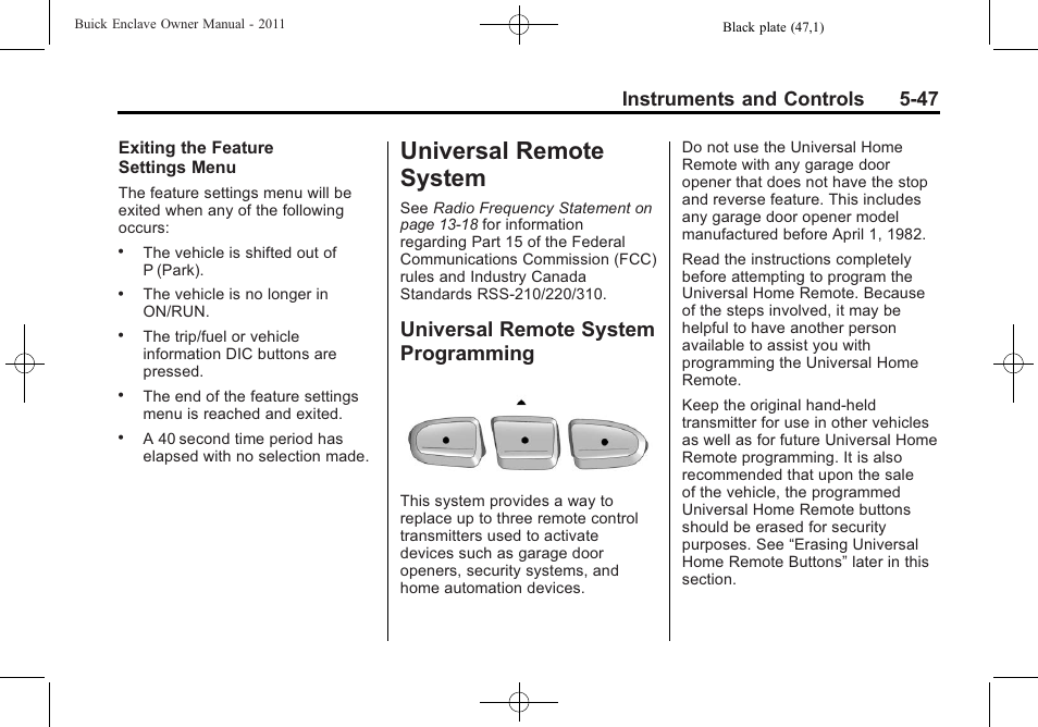 Universal remote system, Universal remote system programming, Remote system -47 | Driving information, Programming -47, Instruments and controls 5-47 | Buick 2011 Enclave User Manual | Page 173 / 458