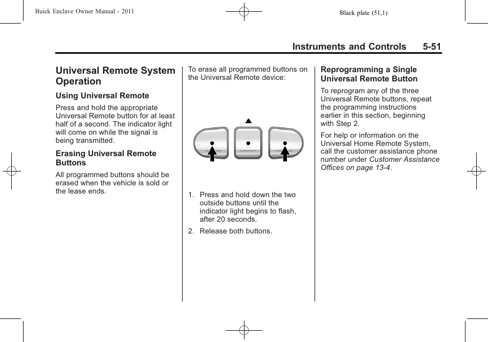Universal remote system operation, Universal remote system, Operation -51 | Buick 2011 Enclave User Manual | Page 177 / 458