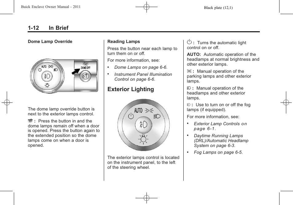 Exterior lighting, Exterior lighting -12, 12 in brief | Buick 2011 Enclave User Manual | Page 18 / 458