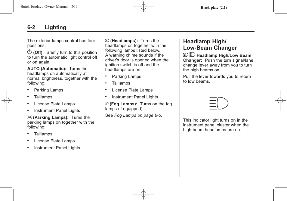 Headlamp high/low-beam changer, Headlamp high/low-beam, Changer -2 | Headlamp high/ low-beam changer 2 3, 2 lighting | Buick 2011 Enclave User Manual | Page 180 / 458