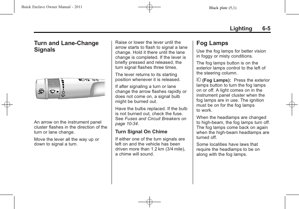 Turn and lane-change signals, Fog lamps, Turn and lane-change | Signals -5, Fog lamps -5 | Buick 2011 Enclave User Manual | Page 183 / 458