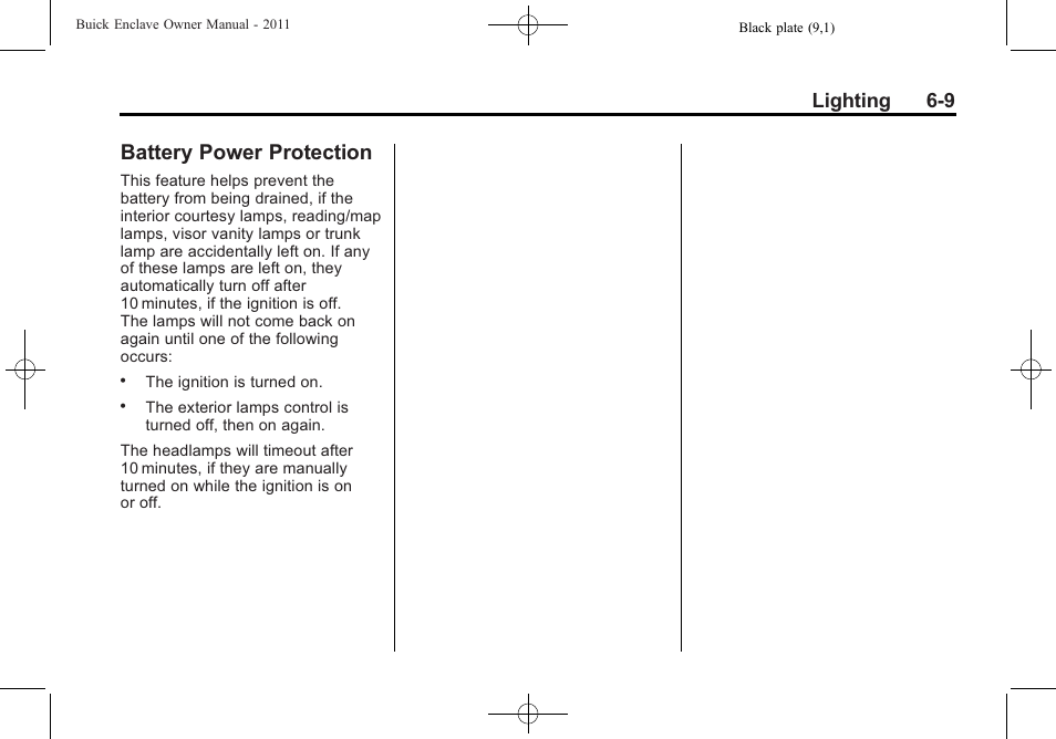 Battery power protection, Battery power protection -9, Lighting 6-9 | Buick 2011 Enclave User Manual | Page 187 / 458