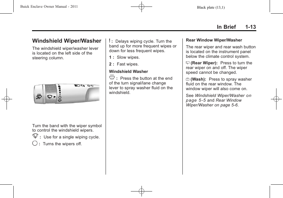 Windshield wiper/washer, Windshield wiper/washer -13 | Buick 2011 Enclave User Manual | Page 19 / 458