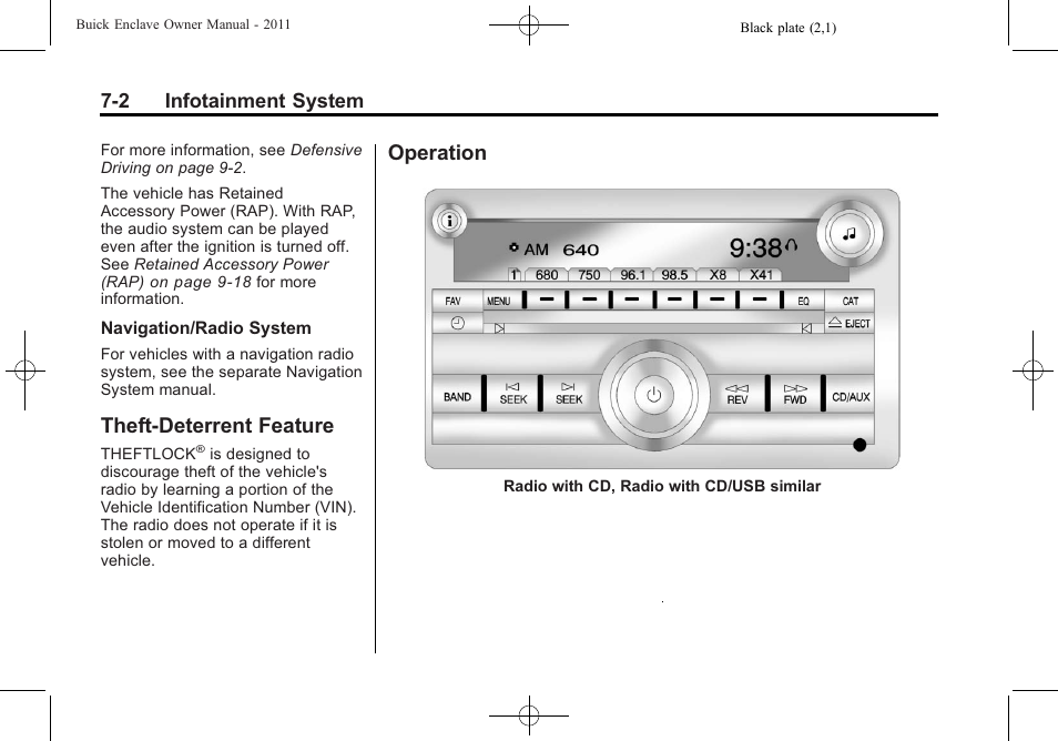 Theft-deterrent feature, Operation, Theft-deterrent feature -2 operation -2 | Buick 2011 Enclave User Manual | Page 190 / 458