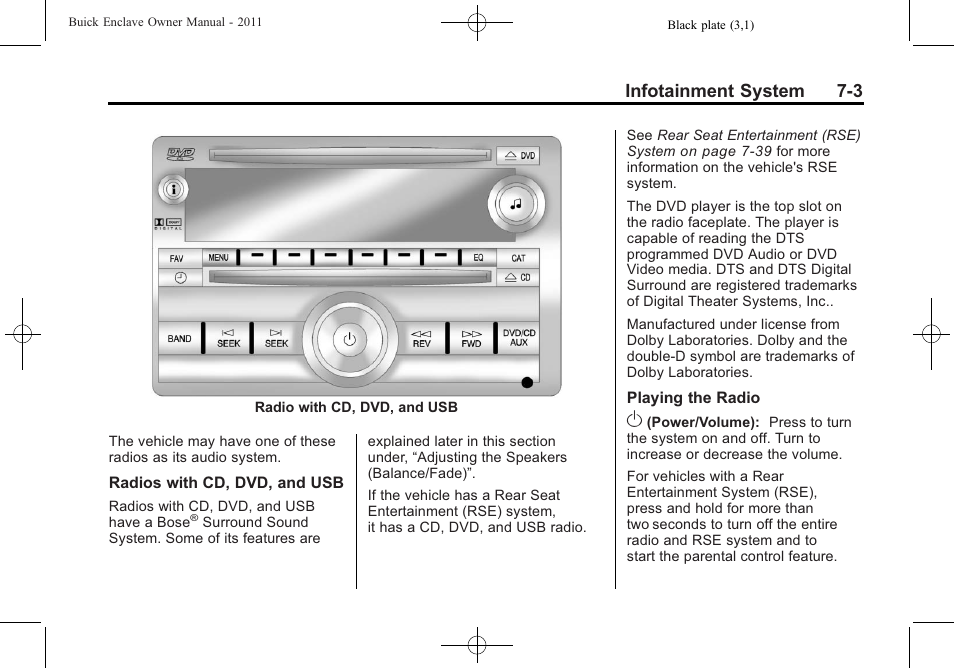 Infotainment system 7-3 | Buick 2011 Enclave User Manual | Page 191 / 458