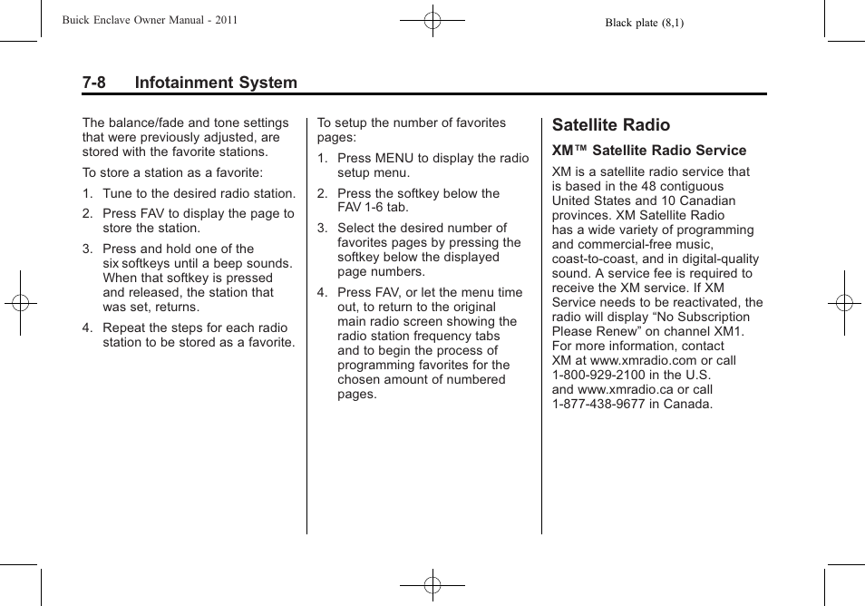 Satellite radio, Satellite radio -8, 8 infotainment system | Buick 2011 Enclave User Manual | Page 196 / 458