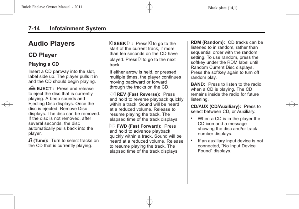 Audio players, Cd player, Audio players -14 | Cd player -14 | Buick 2011 Enclave User Manual | Page 202 / 458