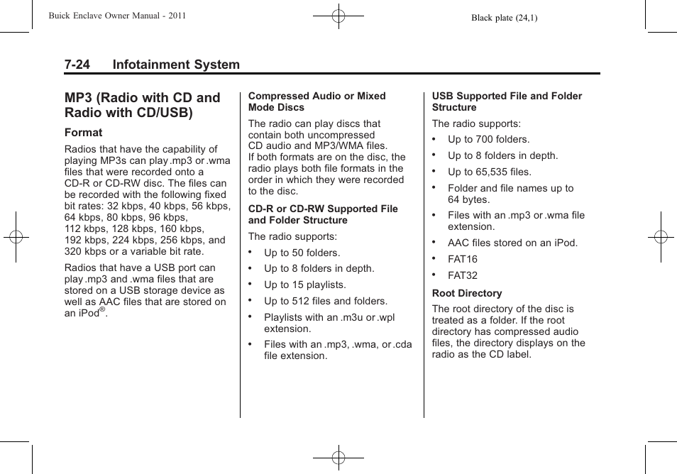 Mp3 (radio with cd and radio with cd/usb), Mp3 (radio with cd and, Radio with cd/usb) -24 | 24 infotainment system | Buick 2011 Enclave User Manual | Page 212 / 458