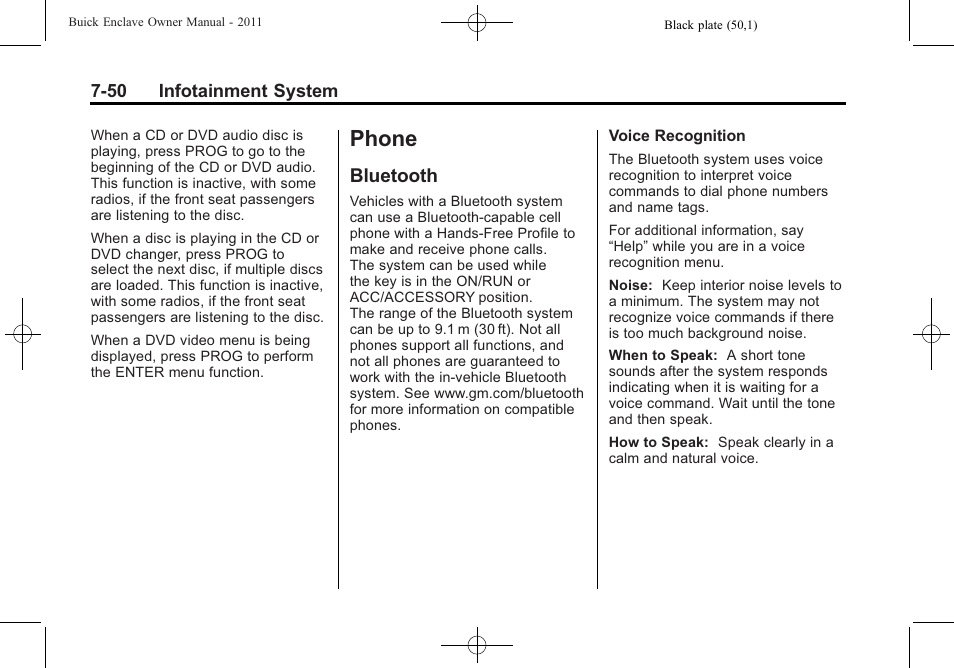 Phone, Bluetooth, Phone -50 | Bluetooth -50 | Buick 2011 Enclave User Manual | Page 238 / 458