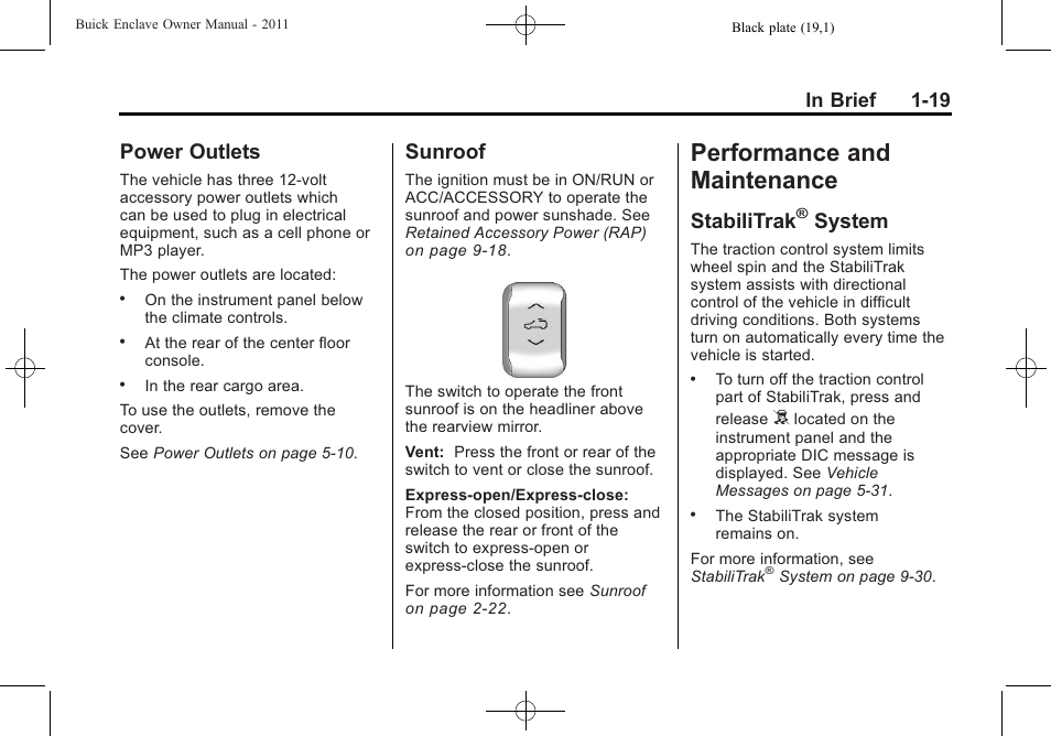 Power outlets, Sunroof, Performance and maintenance | Stabilitrak® system, Performance and, Maintenance -19, Instruments and controls, Power outlets -19 sunroof -19, Stabilitrak, System -19 | Buick 2011 Enclave User Manual | Page 25 / 458