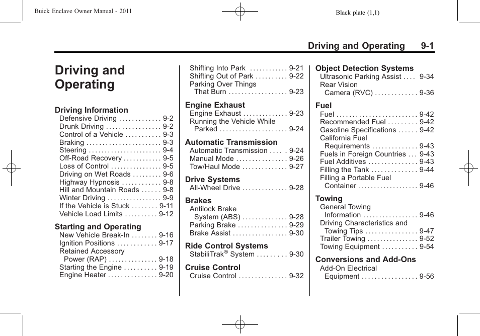 Driving and operating, And operating -1, Driving and operating 9-1 | Buick 2011 Enclave User Manual | Page 257 / 458