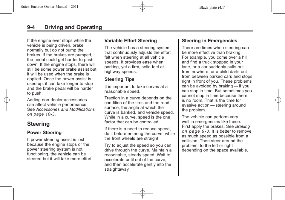 Steering, Steering -4, Automatic | Buick 2011 Enclave User Manual | Page 260 / 458