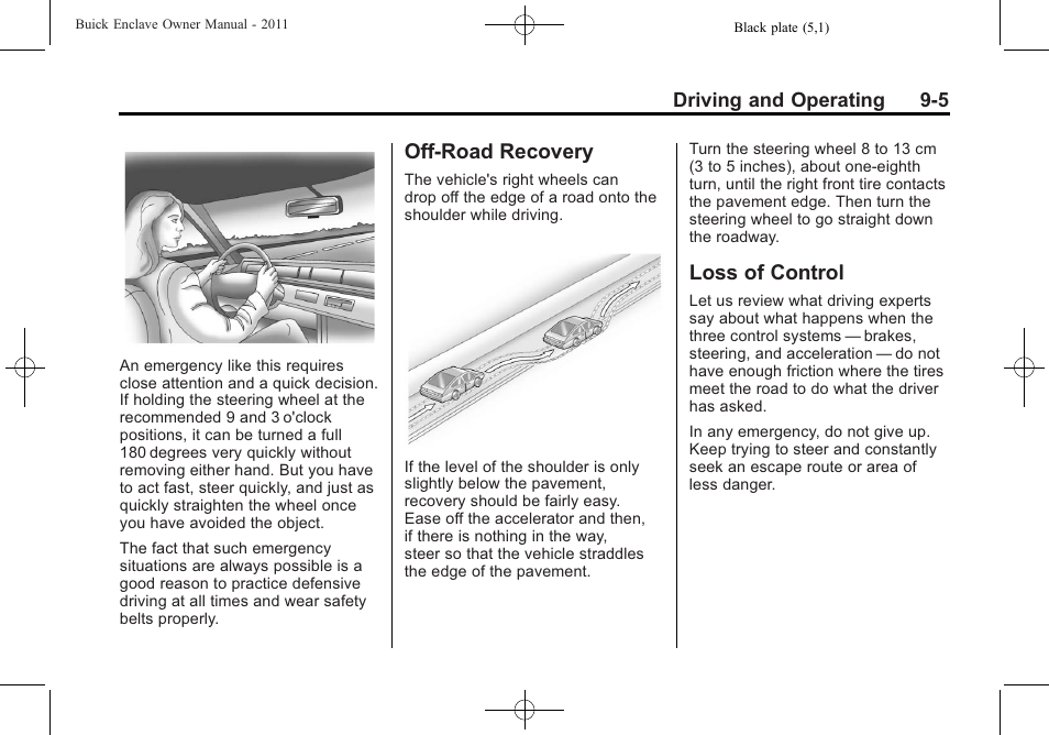 Off-road recovery, Loss of control, Off-road recovery -5 loss of control -5 | Buick 2011 Enclave User Manual | Page 261 / 458