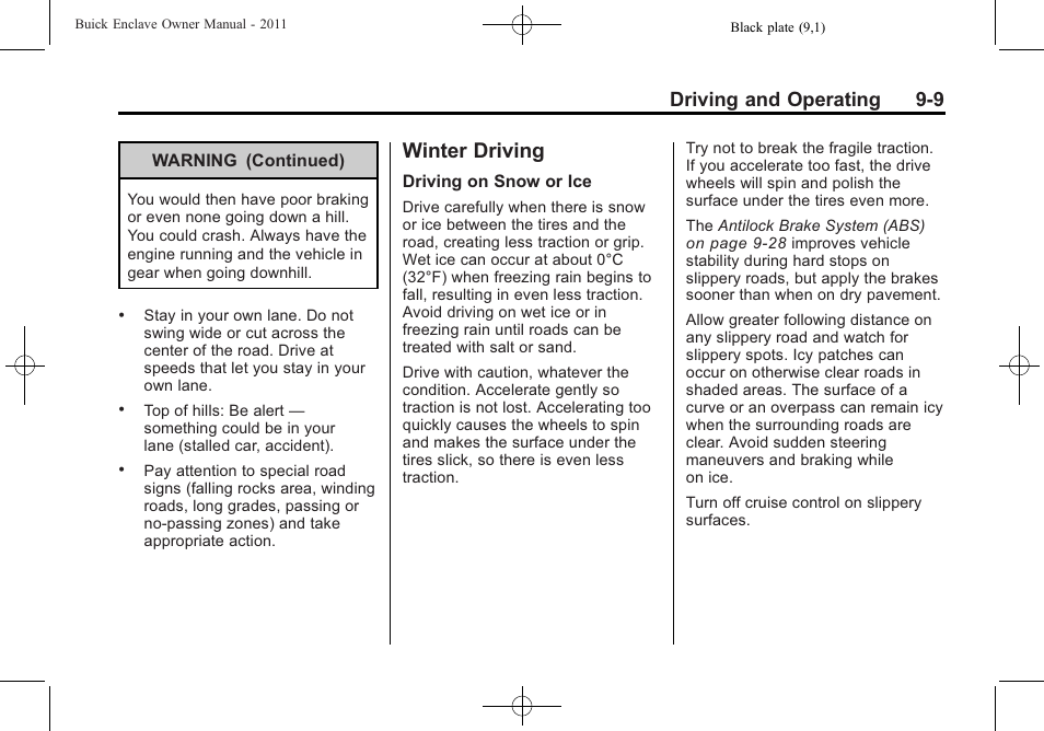 Winter driving, Winter driving -9, Brakes | Driving and operating 9-9 | Buick 2011 Enclave User Manual | Page 265 / 458