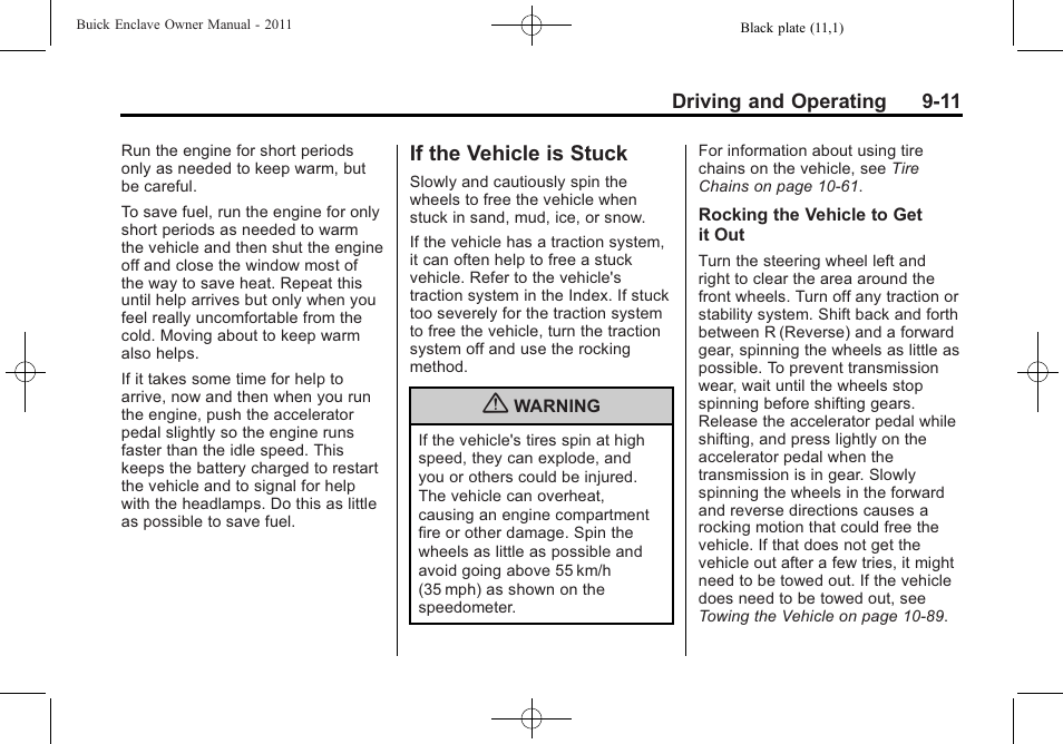 If the vehicle is stuck, If the vehicle is stuck -11 | Buick 2011 Enclave User Manual | Page 267 / 458
