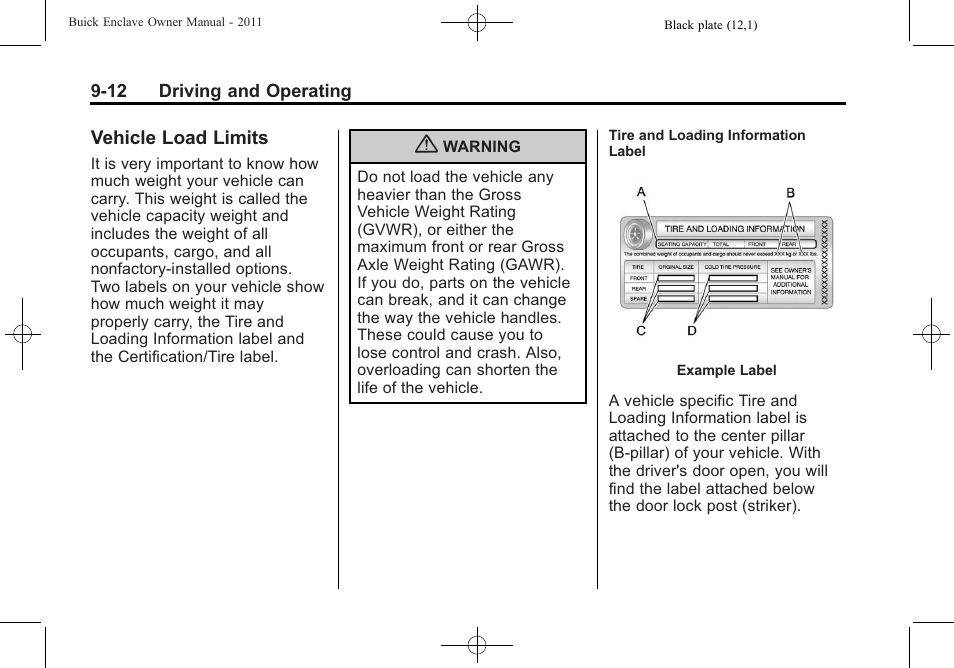 Vehicle load limits, Vehicle load limits -12 | Buick 2011 Enclave User Manual | Page 268 / 458