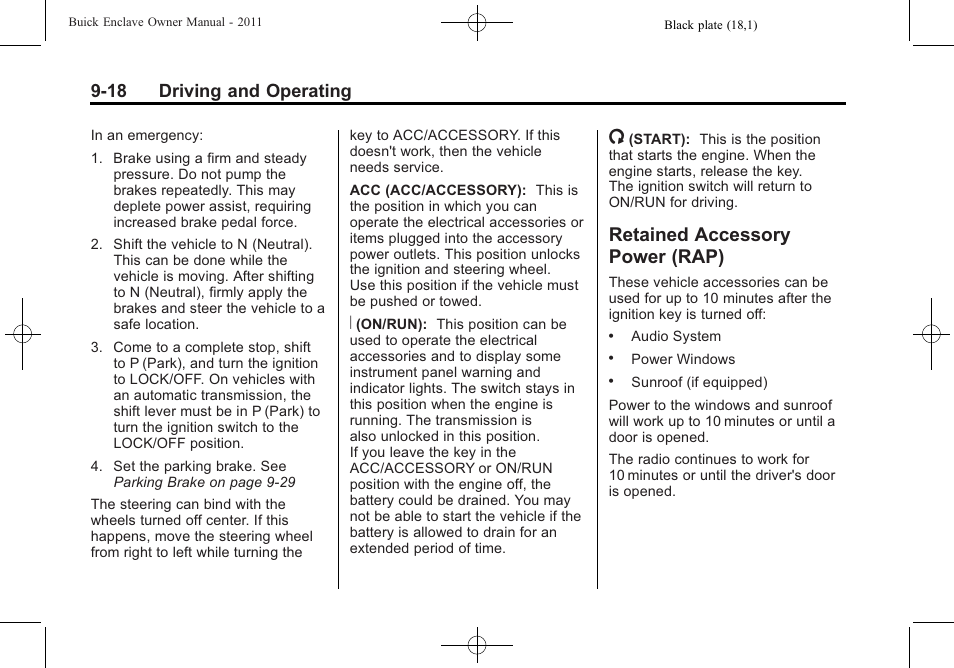 Retained accessory power (rap), Retained accessory, Power (rap) -18 | 18 driving and operating | Buick 2011 Enclave User Manual | Page 274 / 458