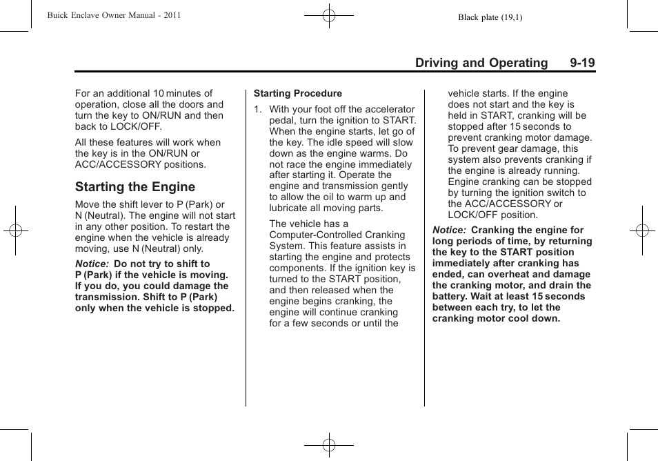 Starting the engine, Starting the engine -19 | Buick 2011 Enclave User Manual | Page 275 / 458