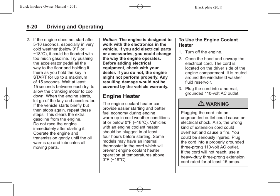 Engine heater, Engine heater -20 | Buick 2011 Enclave User Manual | Page 276 / 458