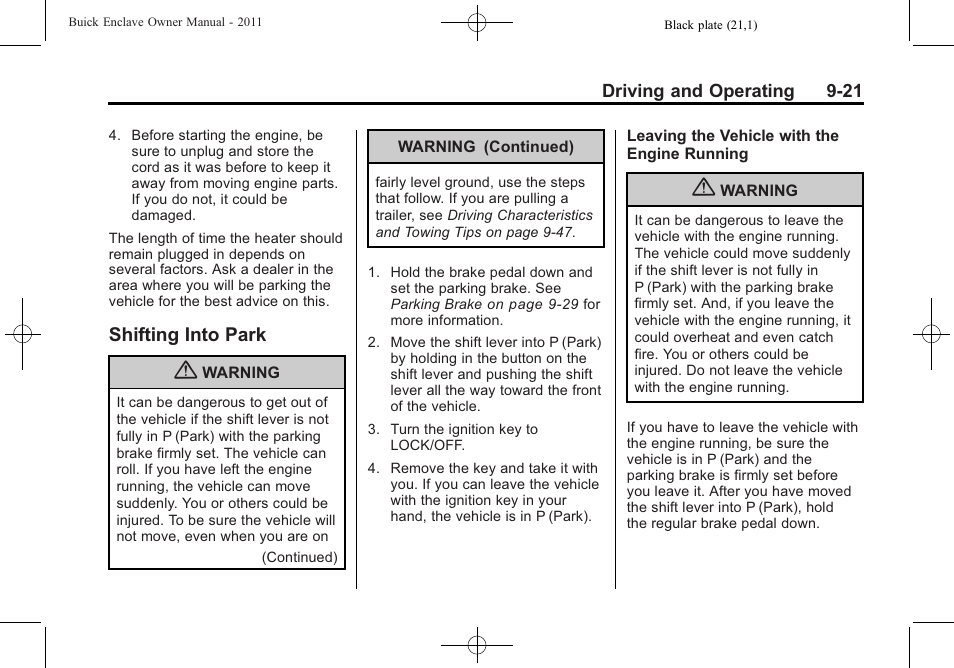 Shifting into park, Shifting into park -21, Object | Buick 2011 Enclave User Manual | Page 277 / 458