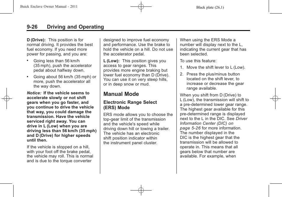 Manual mode, Manual mode -26, 26 driving and operating | Buick 2011 Enclave User Manual | Page 282 / 458